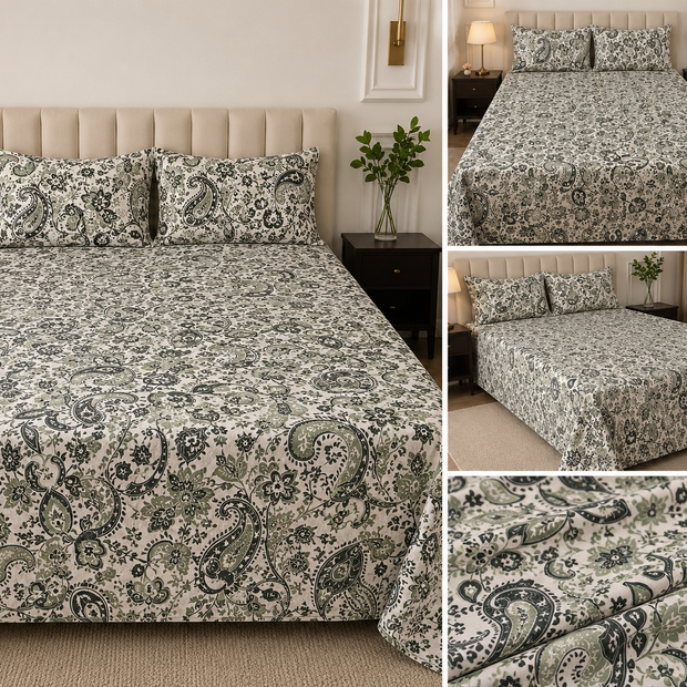 Olive Paisley Royale – Jumbo King XL Bedsheet Set (305 × 305 cm) | 100% Tencel Cotton | Includes 2 Pillow Covers