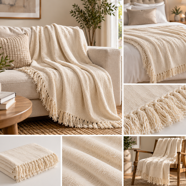 Ivory Whisper Chenille Throw – 130 × 180 cm | Textured Fringe Elegance | Polyester Chenille | 1 piece