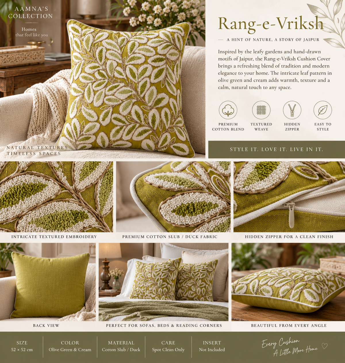 Rang-e-Vriksh Olive Green and Cream Jaipuri Cushion Cover – 52 × 52 cm | Textured Cotton Slub / Duck | 1 piece
