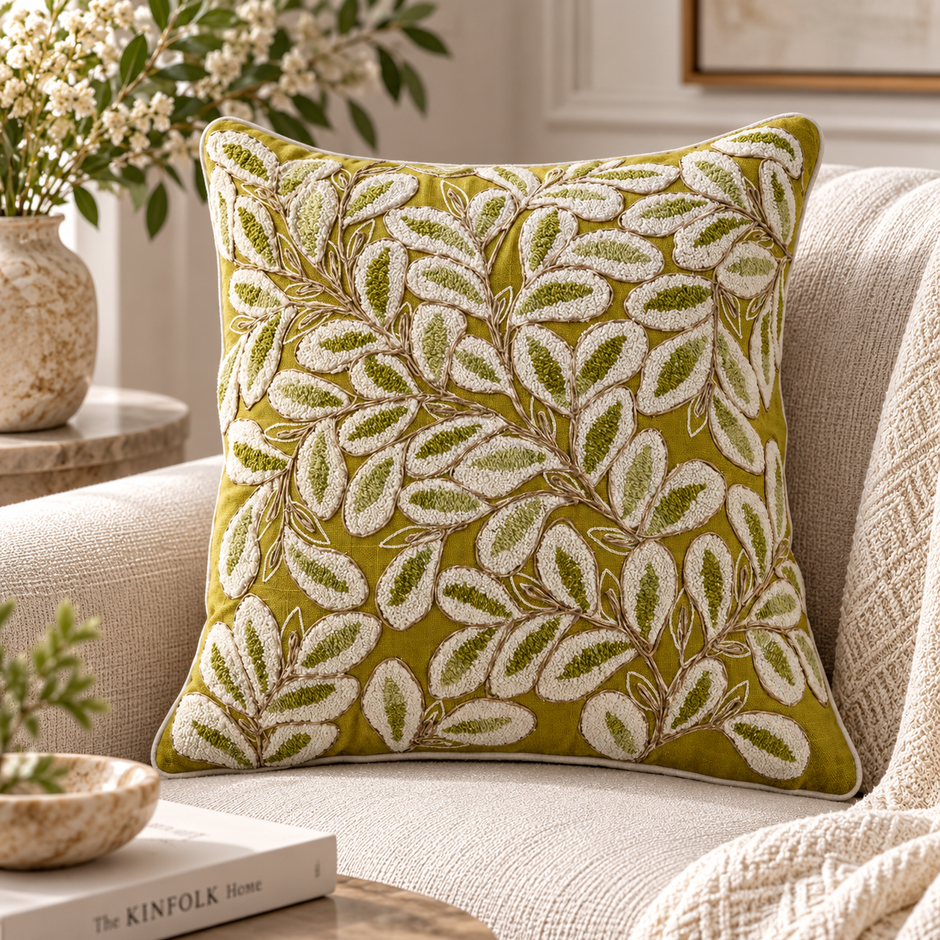 Rang-e-Vriksh Olive Green and Cream Jaipuri Cushion Cover – 52 × 52 cm | Textured Cotton Slub / Duck | 1 piece