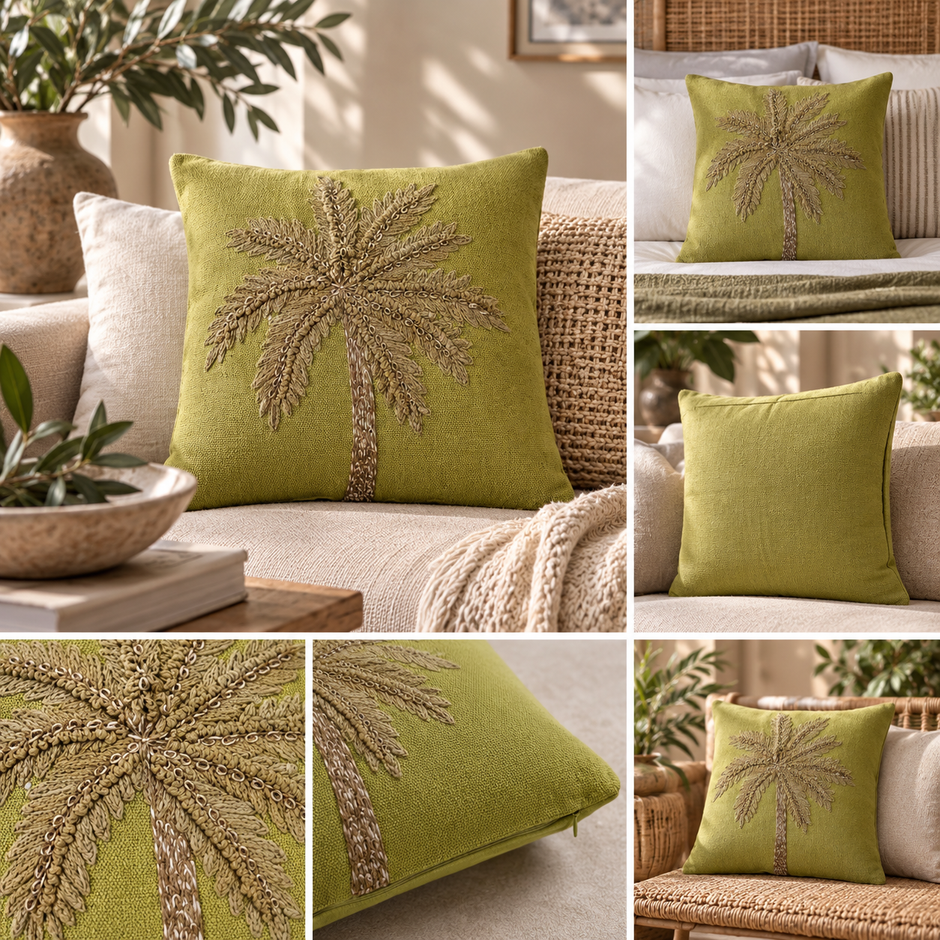 Vanika Palm Olive Jaipuri Cushion Cover – 52 × 52 cm | Textured Cotton Slub / Duck | 1 Piece