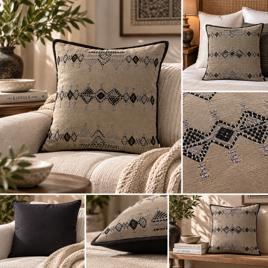 Noor-e-Riwaaz Grey Geometric Jaipuri Cushion Cover – 52 × 52 cm | Cotton Slub & Duck Cotton | Intricate Embroidery | 1 Piece