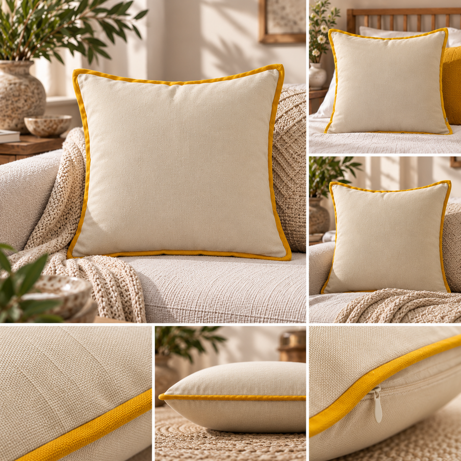 Kesariya Noor – Jaipuri Cotton Cushion Cover | Beige with Mustard Piping – 52 × 52 cm | 1 Pc