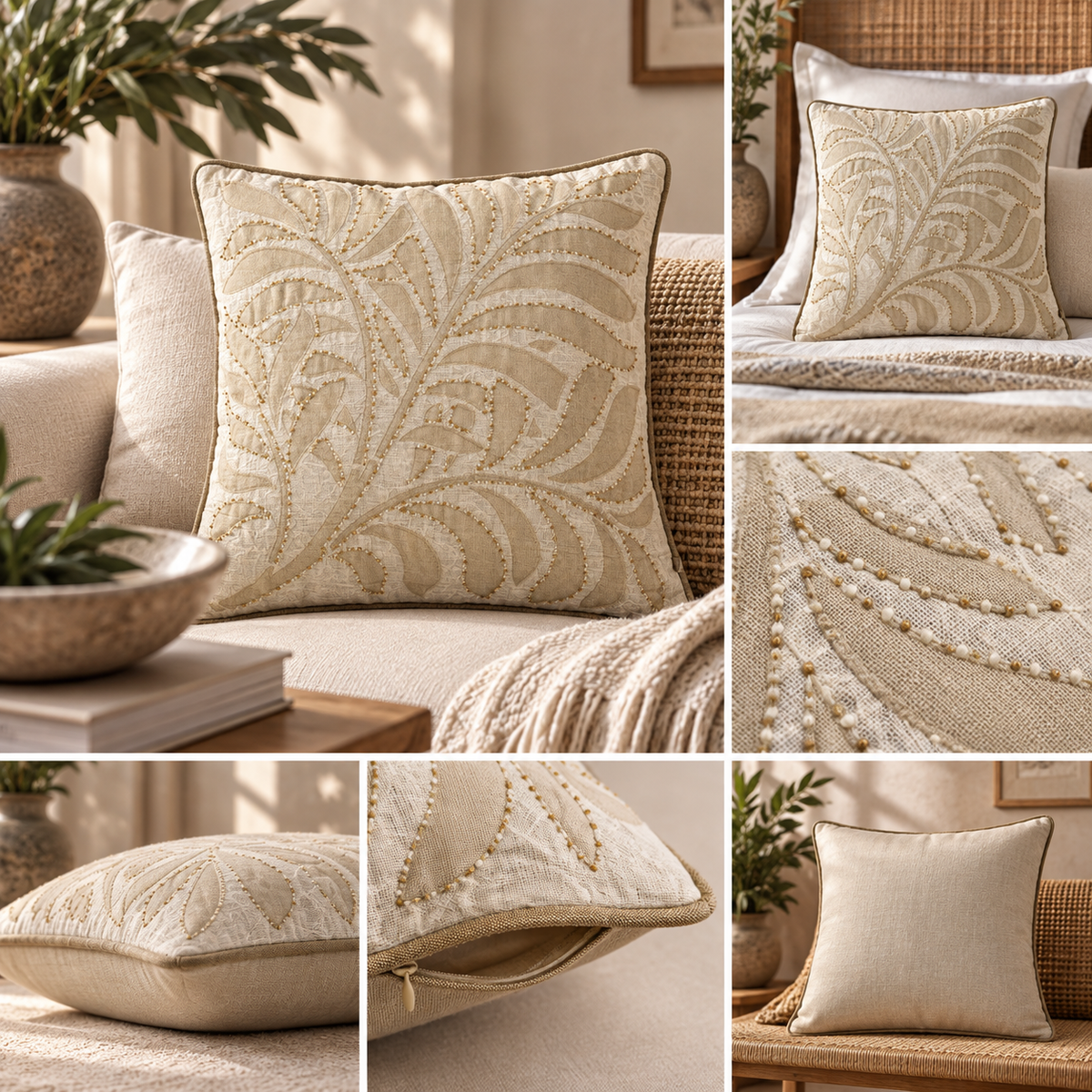 Noor-e-Safa – Jaipuri Cotton Botanical Cushion Cover | Beige & Ivory – 52 × 52 cm | 1 Pc