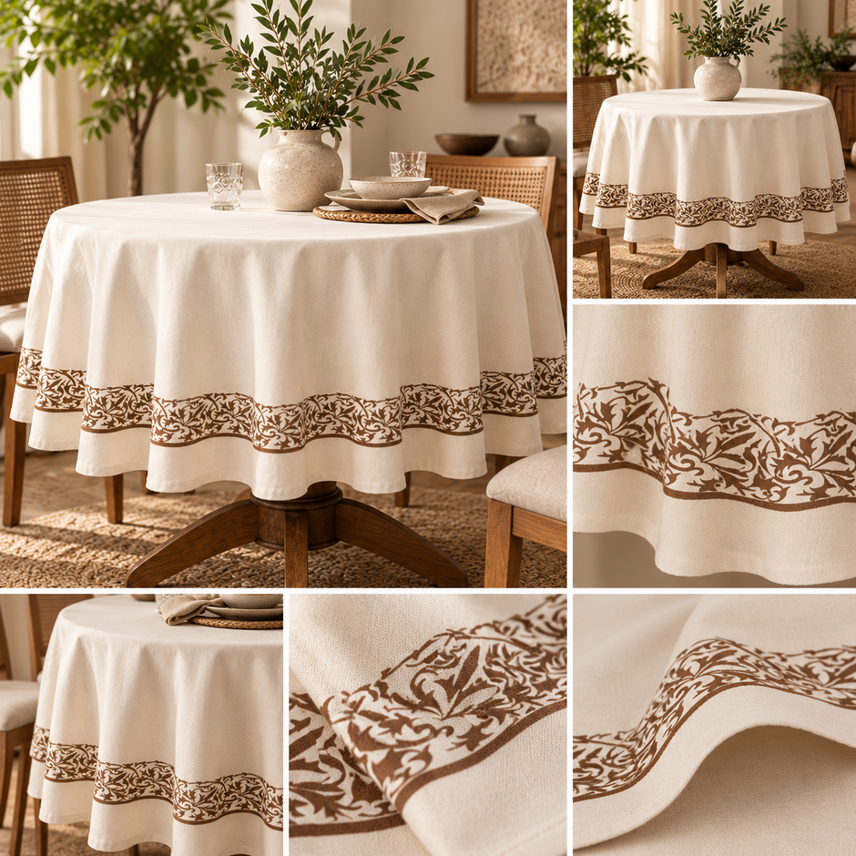 Gul-e-Jaipur – Beige & Brown ornate floral vine border Jaipuri Cotton Round Table Cloth | 170 cm
