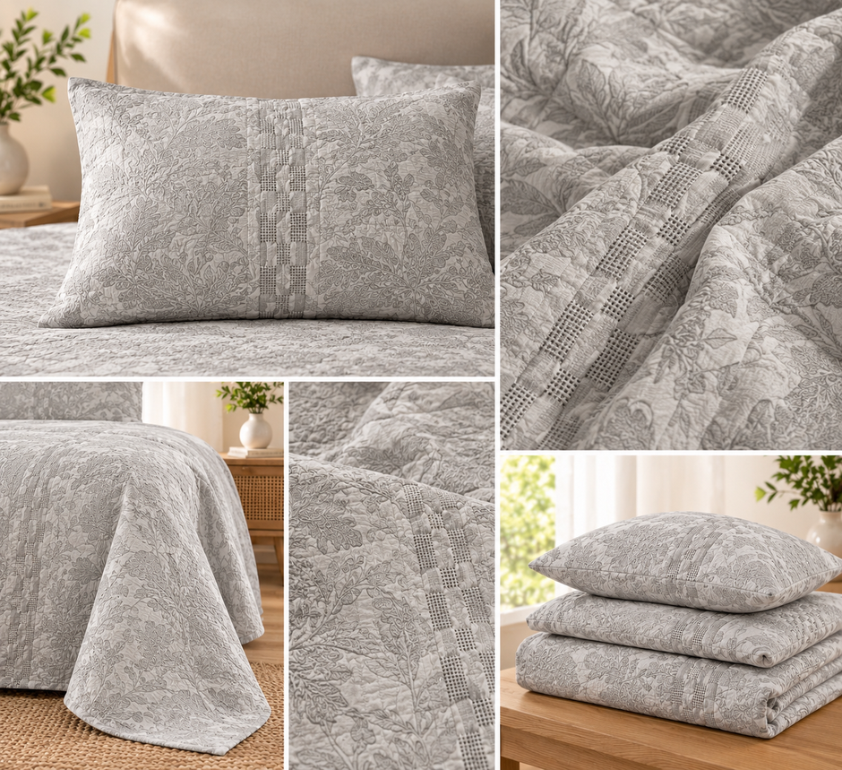 Jaipuri Mist Grey Textured Botanical — Twin Size Light Summer Cotton Bedspread | 3 Piece Set | 180 × 240 cm Bedspread | 2 Pillow covers