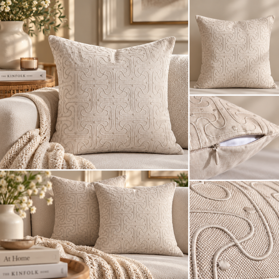 Jaipuri Ivory Jaal Quilted Cushion Cover – 50 × 50 cm | Textured Cotton | Embroidered Geometric Design | 1 Piece