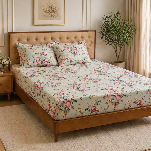 Blush Meadow Floral – Super King Size Sheet (270 by 270 cms) | 100% Cotton | Includes 2 Pillow Covers