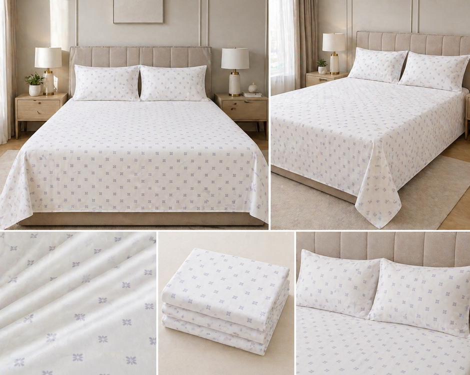 Ivory Whisper Block Print – Super King Size Bedsheet (274 x 274 cm) | 100% Percale Cotton | Includes 2 Pillow Covers