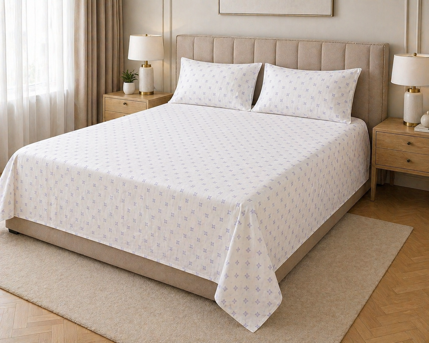Ivory Whisper Block Print – Super King Size Bedsheet (274 x 274 cm) | 100% Percale Cotton | Includes 2 Pillow Covers