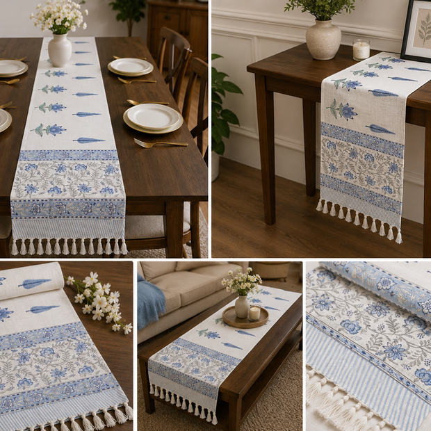 Royal Indigo Lotus Jaipuri Table Runner – 185 × 35 cm | 100% Pure Cotton | Hand Block Printed