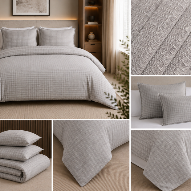 Dove Grey Check Luxury Duvet Cover Set – King Size (230 × 220 cm) | 3-Piece Duvet Cover & Pillow Cover Set
