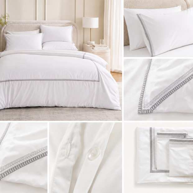 Silverline Embroidered Luxe Duvet Cover Set – King Size (230 × 220 cm) | 400 Thread Count Percale Cotton | 3-Piece Premium Bedding Set