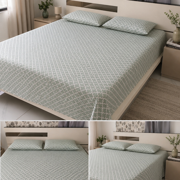 Sage Trellis Pure Cotton Bedsheet Set – Queen Size (240 × 270 cm) | 3-Piece Bedding Set