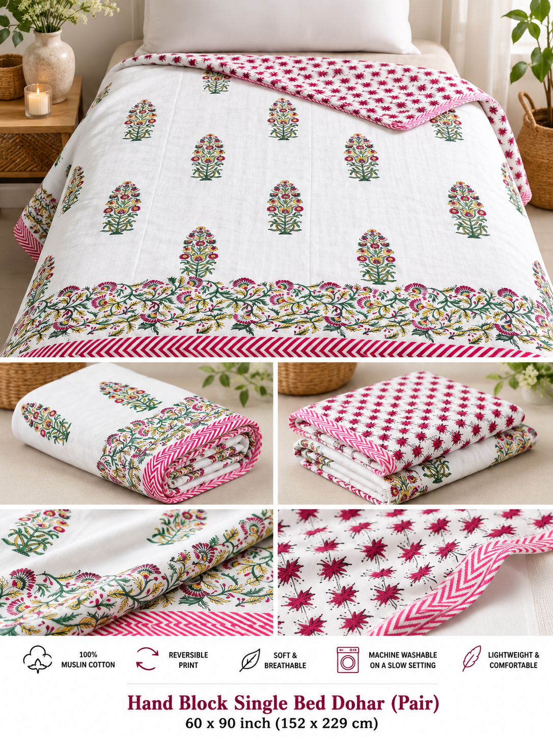 Gulnaar Bloom – Single Bed Muslin Cotton Dohar Pair (152 x 229 cm / 60 x 90 inches) | 100% Muslin Cotton | Reversible Hand Block Print