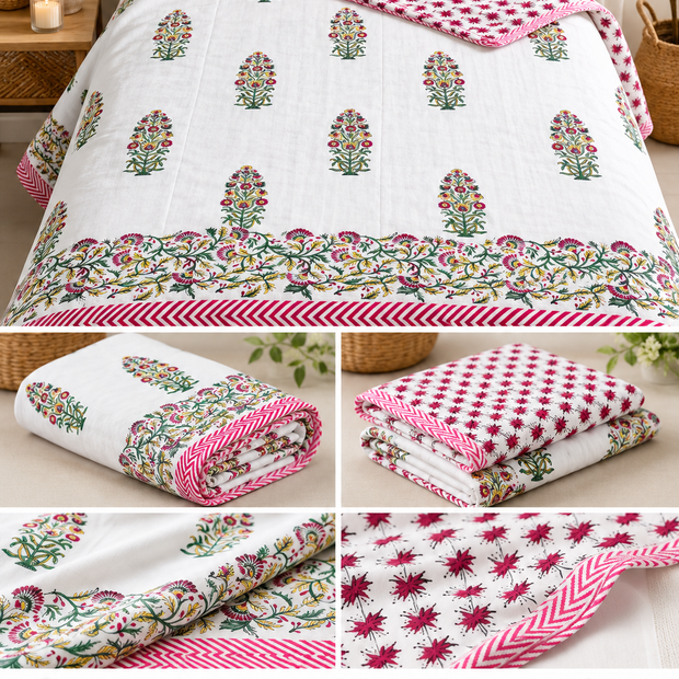 Gulnaar Bloom – Single Bed Muslin Cotton Dohar Pair (152 x 229 cm / 60 x 90 inches) | 100% Muslin Cotton | Reversible Hand Block Print