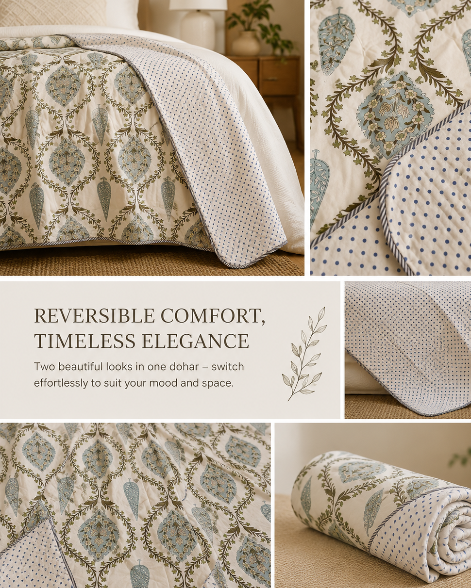Blue Meadow Reversible Cotton Blend Dohar – Single Size (60 × 90 inch / 150 × 230 cm) | 90% Cotton, 10% Polyester | Pack of 2