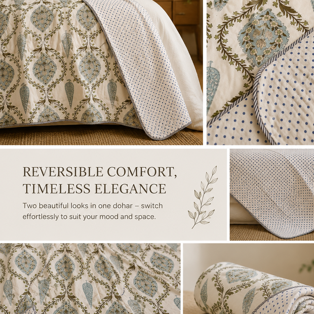 Blue Meadow Reversible Cotton Blend Dohar – Single Size (60 × 90 inch / 150 × 230 cm) | 90% Cotton, 10% Polyester | Pack of 2