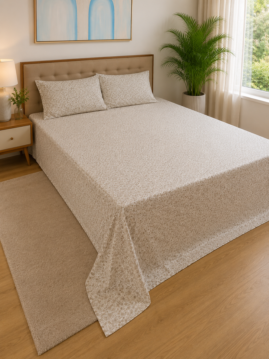 Sand Meadow Floral – Super King Size Bedsheet (270 x 270 cm) | 100% Tencel Cotton | 400 Thread Count | Includes 2 Pillow Covers