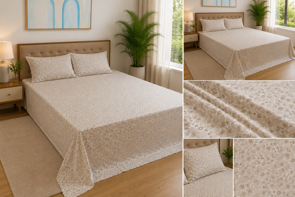 Sand Meadow Floral – Super King Size Bedsheet (270 x 270 cm) | 100% Tencel Cotton | 400 Thread Count | Includes 2 Pillow Covers