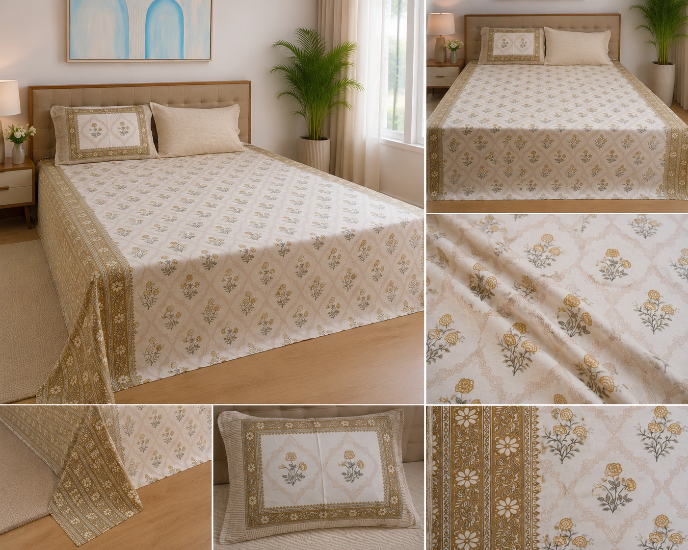 Golden Heritage Bloom – Super King Size Bedsheet (270 x 270 cm) | 100% Tencel Cotton | 400 Thread Count | Includes 2 Pillow Covers