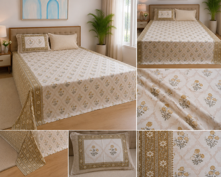 Golden Heritage Bloom – Super King Size Bedsheet (270 x 270 cm) | 100% Tencel Cotton | 400 Thread Count | Includes 2 Pillow Covers