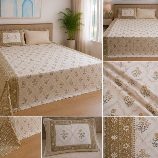 Golden Heritage Bloom – Super King Size Bedsheet (270 x 270 cm) | 100% Tencel Cotton | 400 Thread Count | Includes 2 Pillow Covers