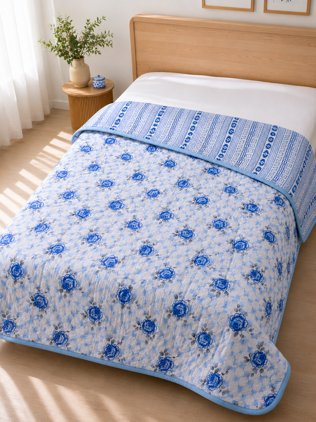 Azure Bloom Muslin Cotton Dohar – Single Size - 1 Peice (152 x 229 cm / 60 x 90 inch) | 100% Muslin Cotton | Reversible | 1 Pc | Lightweight All-Weather AC Quilt