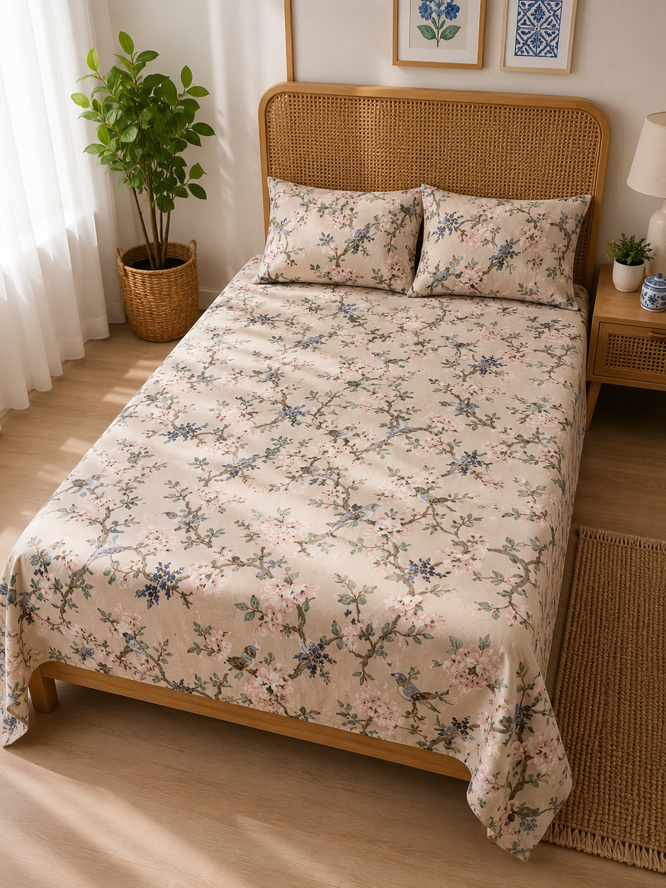 Blush Bird Blossom Garden – Single Size Bedsheet (170 × 250 cm / 70 × 100 inch) | 100% Cotton | Includes 2 Pillow Covers