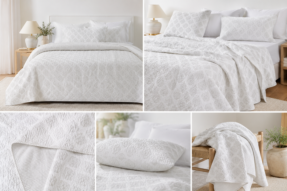 Soft Ivory Buti Quilted Bedspread – 100% Cotton | Reversible | 260 x 240 cm | King Size | Includes 2 Quilted Pillows