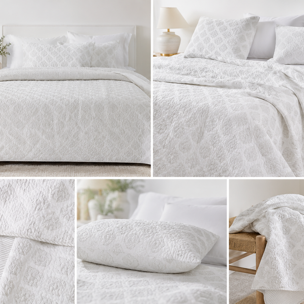 Soft Ivory Buti Quilted Bedspread – 100% Cotton | Reversible | 260 x 240 cm | King Size | Includes 2 Quilted Pillows