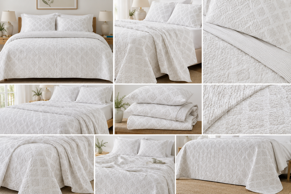 Soft Ivory Buti Quilted Bedspread – 100% Cotton | Reversible | 260 x 240 cm | King Size | Includes 2 Quilted Pillows