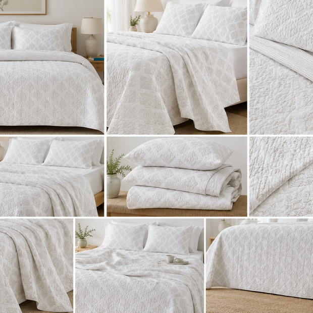 Soft Ivory Buti Quilted Bedspread – 100% Cotton | Reversible | 260 x 240 cm | King Size | Includes 2 Quilted Pillows