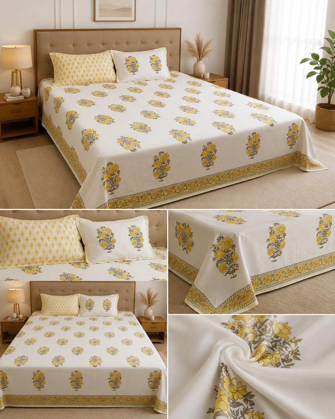 Golden Azure Bloom – Super King Size Bedsheet (274 x 274 cm) | 100% Percale Cotton | Includes 2 Reversible Pillow Covers