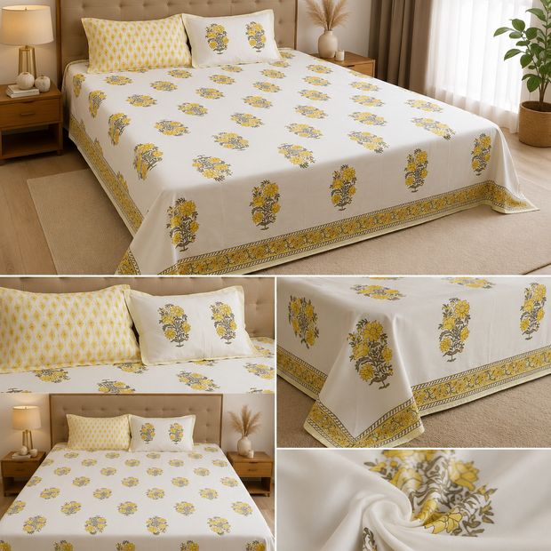 Golden Azure Bloom – Super King Size Bedsheet (274 x 274 cm) | 100% Percale Cotton | Includes 2 Reversible Pillow Covers