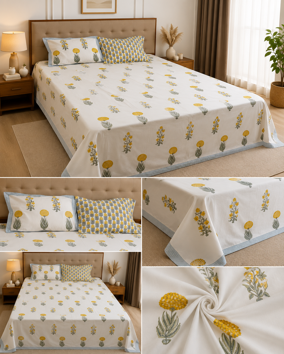 Marigold Buti – Super King Size Block Print Bedsheet (274 x 274 cm) | 100% Percale Cotton | Includes 2 Pillow Covers