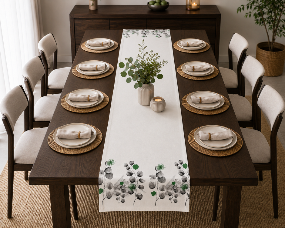 Green Botanical Jaipuri Cotton Table Runner – 40x250 cm – Nature-Inspired Handcrafted Elegance