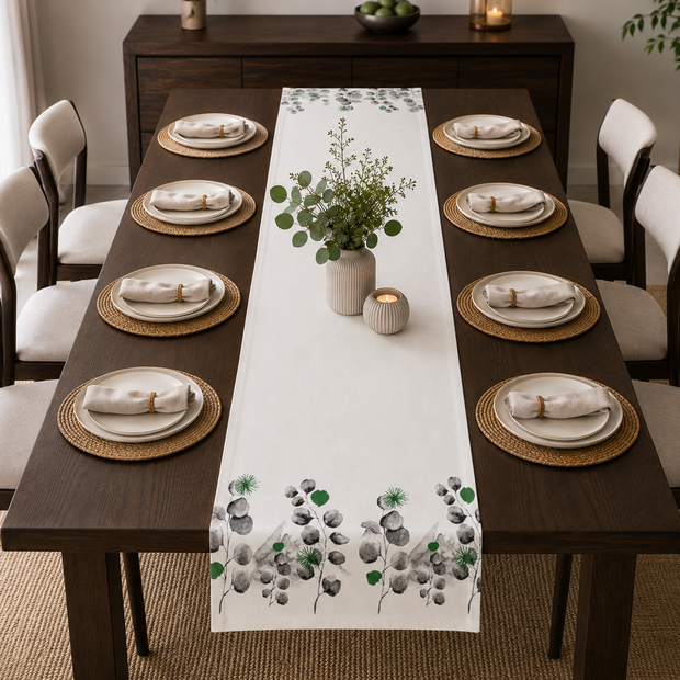 Green Botanical Jaipuri Cotton Table Runner – 40x250 cm – Nature-Inspired Handcrafted Elegance
