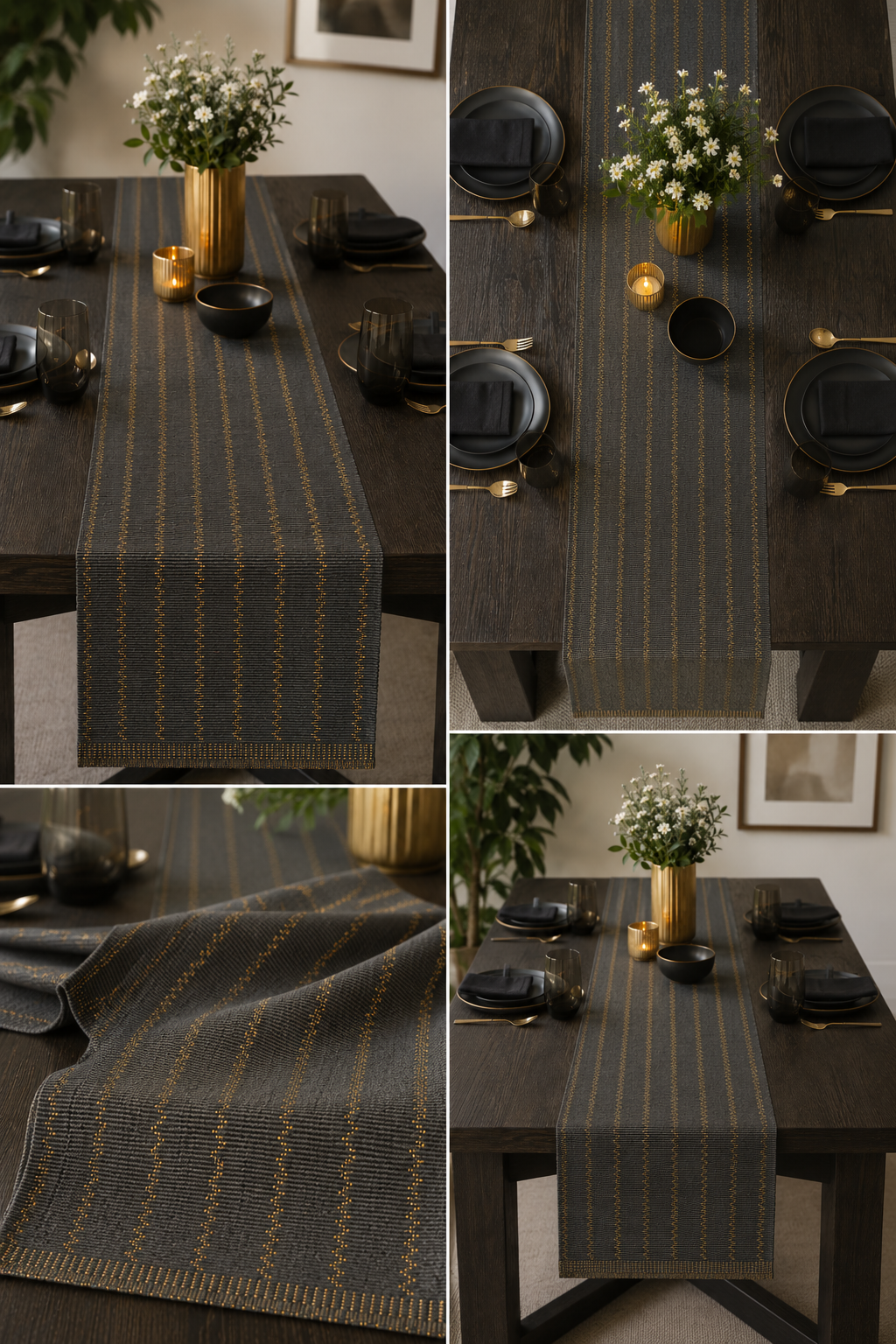 Midnight Gold Ribbed Table Runner – 33x240 cm – Contemporary Metallic Elegance