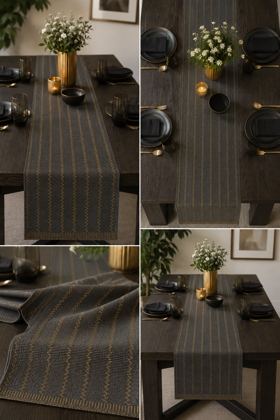 Midnight Gold Ribbed Table Runner – 33x240 cm – Contemporary Metallic Elegance