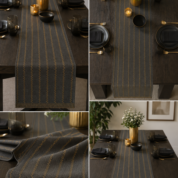 Midnight Gold Ribbed Table Runner – 33x240 cm – Contemporary Metallic Elegance