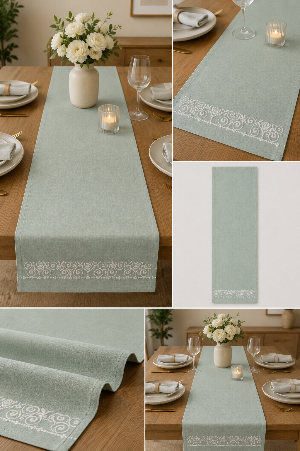 Sage Embroidered Table Runner – 33x240 cm – Timeless Botanical Elegance
