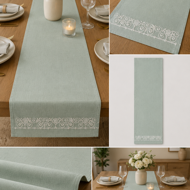 Sage Embroidered Table Runner – 33x240 cm – Timeless Botanical Elegance