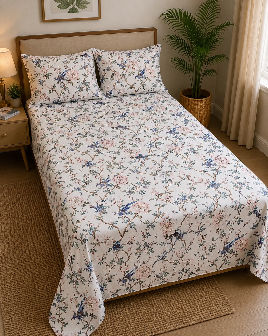 Blush Garden Birdsong – Single Size Bedsheet (170 x 250 cm) | 100% Jaipuri Cotton | Includes 2 Pillow Covers