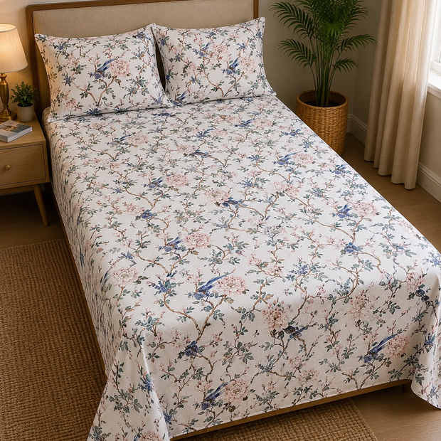 Blush Garden Birdsong – Single Size Medium Bedsheet (170 x 250 cm) | 100% Jaipuri Cotton | Includes 2 Pillow Covers