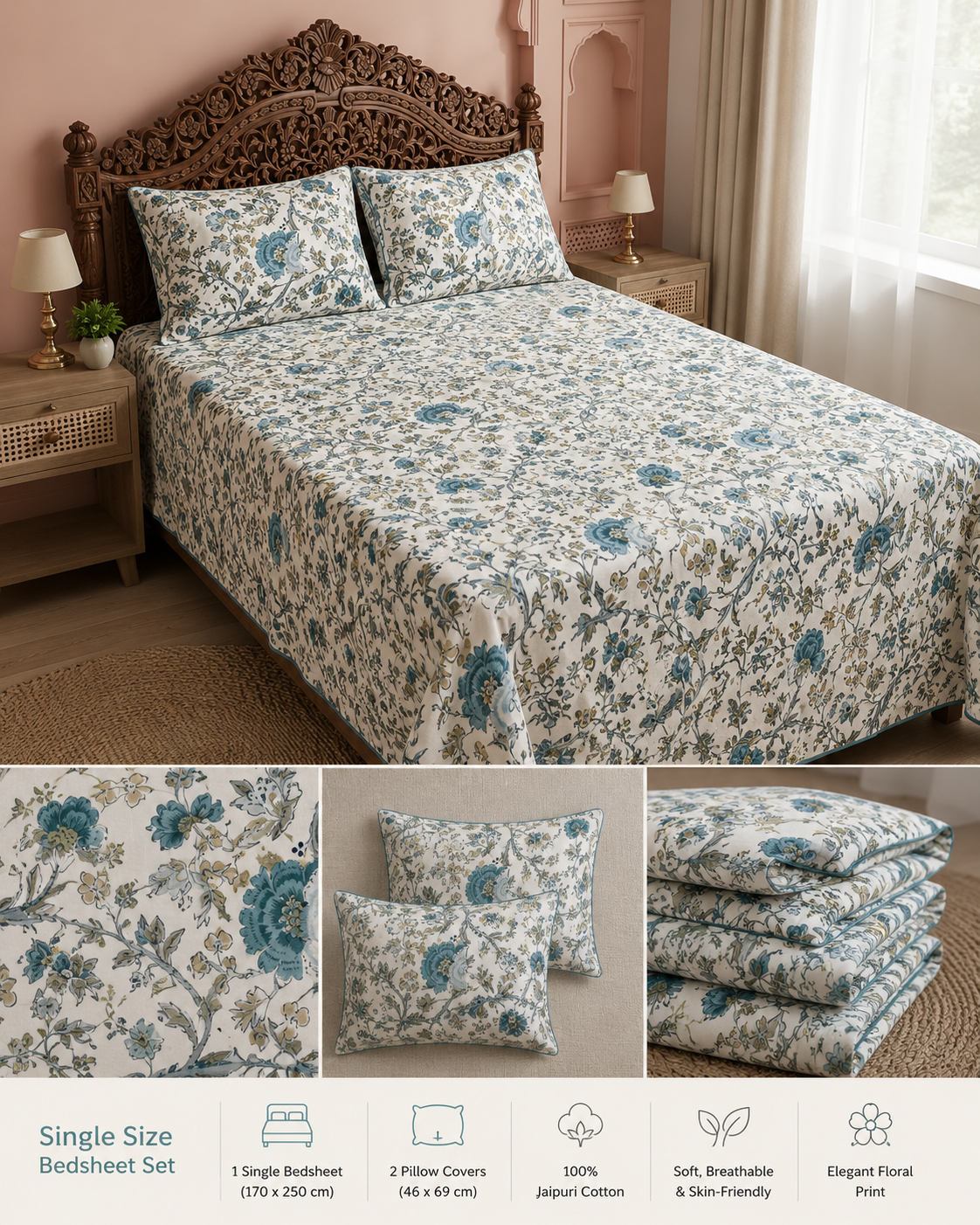 Teal Coastal Anokhi Blossom – Single Size Bedsheet (170 x 250 cm) | 100% Jaipuri Cotton | Includes 2 Pillow Covers