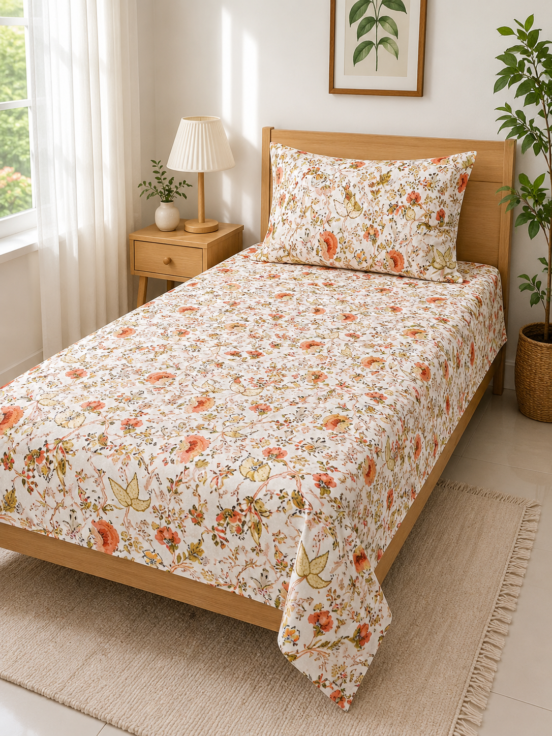Ivory Blossom Trail – Single Size Bedsheet (170 x 250 cm) | 100% Jaipuri Cotton | Includes 2 Pillow Cover