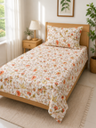 Ivory Blossom Trail – Single Size Bedsheet (170 x 250 cm) | 100% Jaipuri Cotton | Includes 2 Pillow Cover