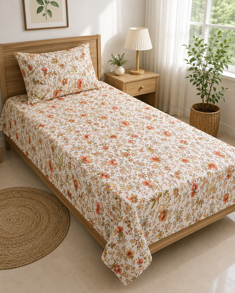 Ivory Blossom Trail – Single Size Bedsheet (170 x 250 cm) | 100% Jaipuri Cotton | Includes 2 Pillow Cover