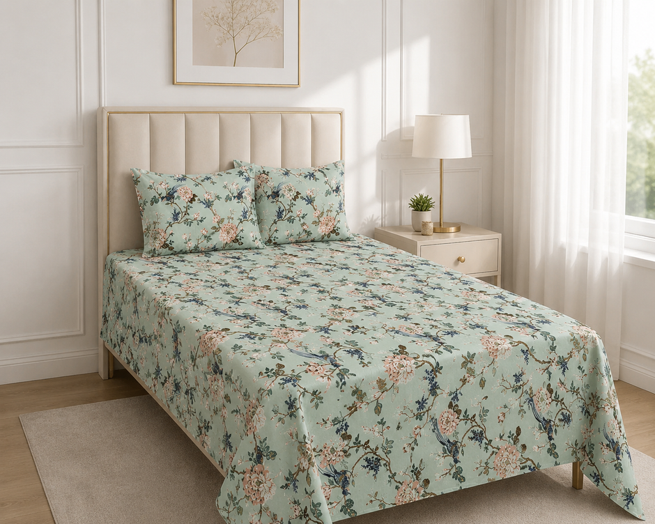 Floral Bird Garden – Single Size Bedsheet Medium (170 x 250 cm) | 100% Cotton | Includes 2 Pillow Covers